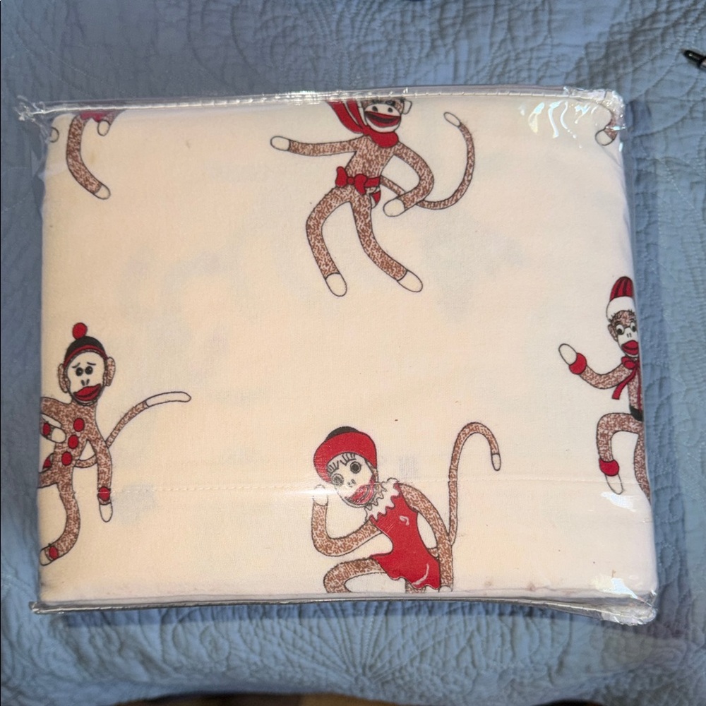 Sock Monkey Print Bed Sheet - Red Accent